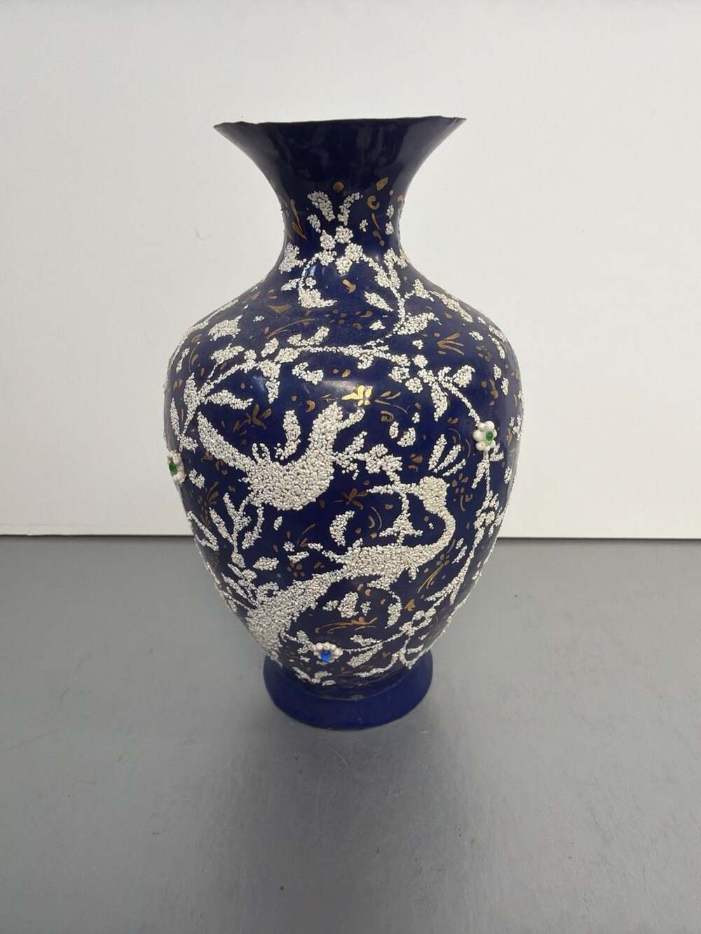 Vintage Cobalt Blue Moriage Vase with Raised White Enamel Bird & Floral Design 6